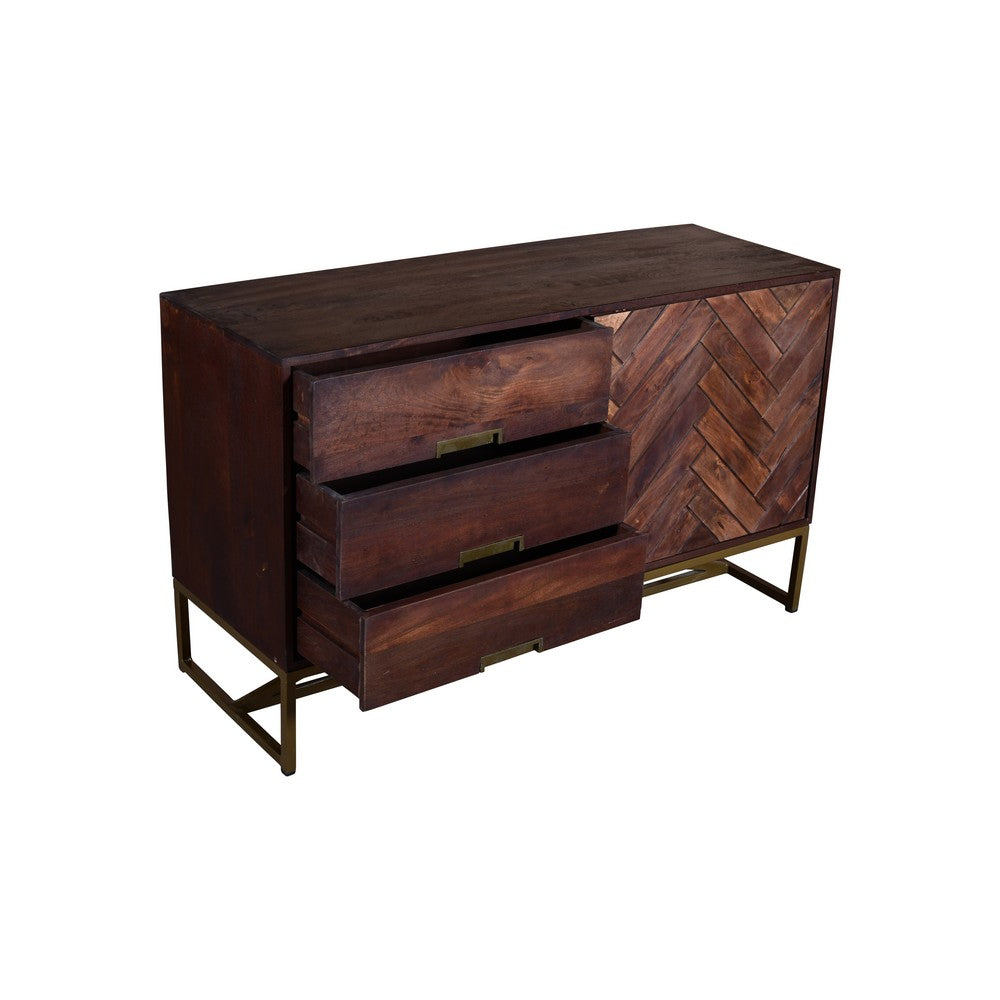 Alice 50 Inch Herringbone Inlaid 1 Door Wood Sideboard Buffet Cabinet, 3 Drawers, Metal Frame, Brown - UPT-238001