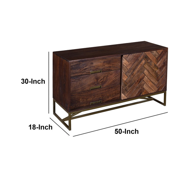 Alice 50 Inch Herringbone Inlaid 1 Door Wood Sideboard Buffet Cabinet, 3 Drawers, Metal Frame, Brown - UPT-238001