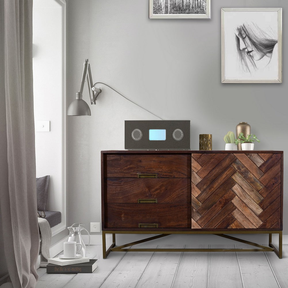 Alice 50 Inch Herringbone Inlaid 1 Door Wood Sideboard Buffet Cabinet, 3 Drawers, Metal Frame, Brown - UPT-238001