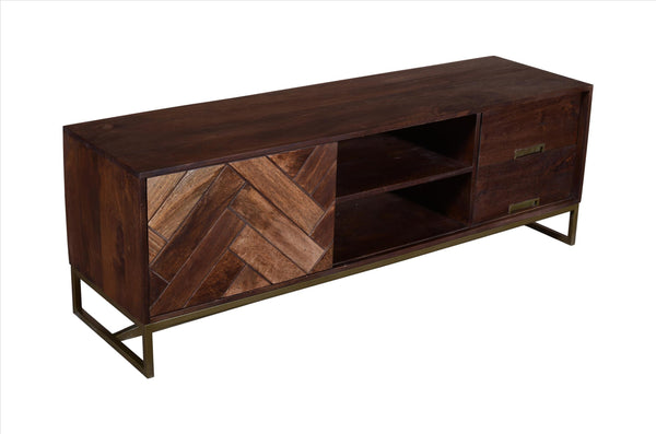 Alice 63 Inch 2 Drawer Mango Wood TV Media Entertainment Cabinet Console, Herringbone Inlaid Door, Brown - UPT-238002