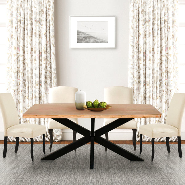 79 Inch Rectangular Live Edge Top Mango Wood Dining Table, Crossed Legs, Brown, Black - UPT-238003