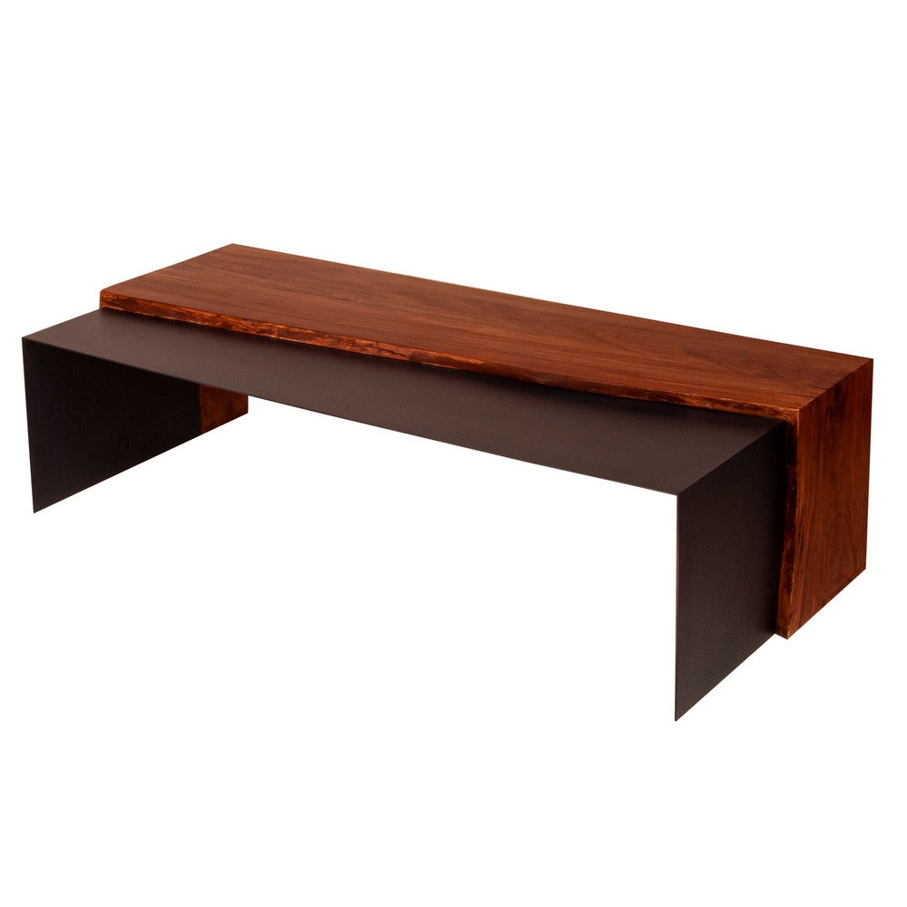 53 Inch Acacia Wood Coffee Table, Horizontal Split Design, Live Edge, Oak, Black - UPT-238063