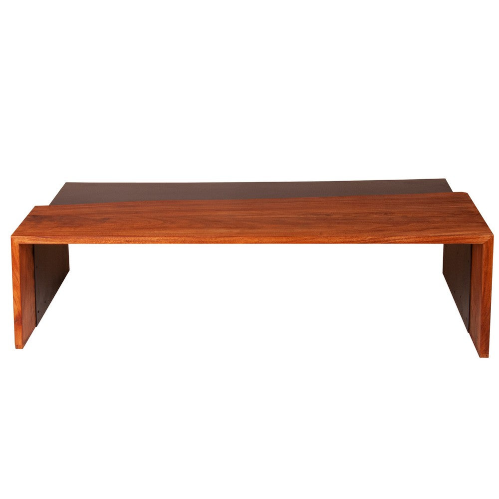 53 Inch Acacia Wood Coffee Table, Horizontal Split Design, Live Edge, Oak, Black - UPT-238063