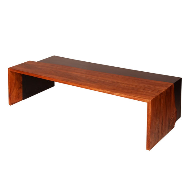 53 Inch Acacia Wood Coffee Table, Horizontal Split Design, Live Edge, Oak, Black - UPT-238063