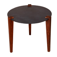 24 Inch Artisanal Round End Side Table, Aluminum Top, Tapered Acacia Wood Legs, Black, Warm Brown - UPT-238065