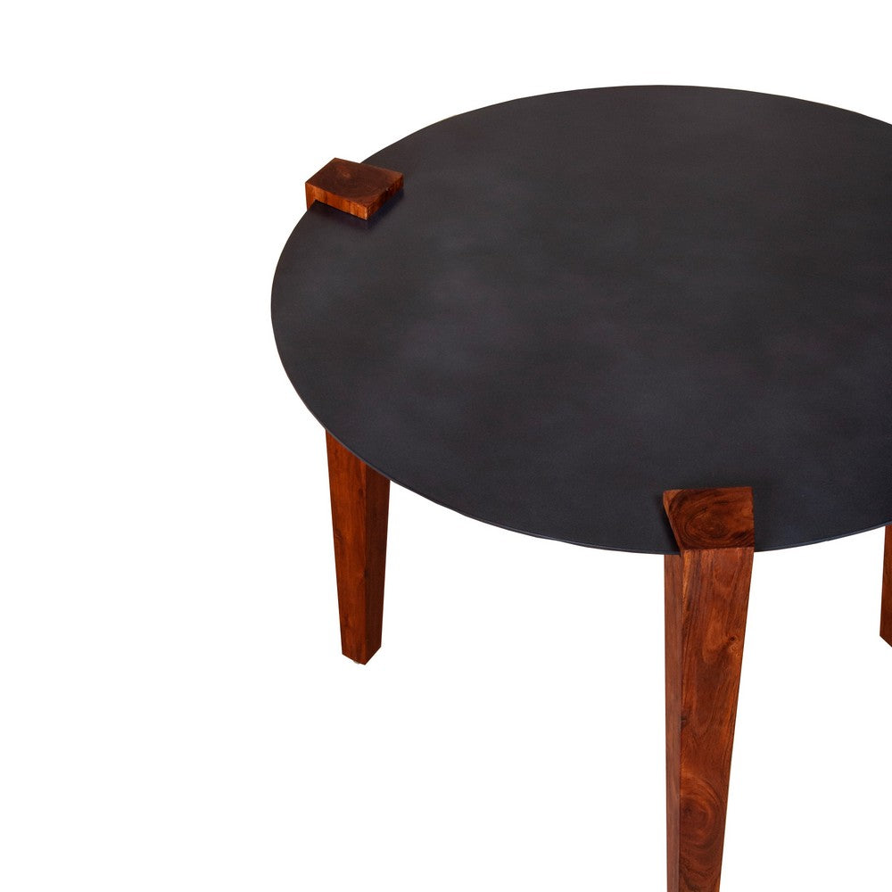 24 Inch Artisanal Round End Side Table, Aluminum Top, Tapered Acacia Wood Legs, Black, Warm Brown - UPT-238065