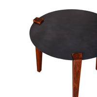 24 Inch Artisanal Round End Side Table, Aluminum Top, Tapered Acacia Wood Legs, Black, Warm Brown - UPT-238065