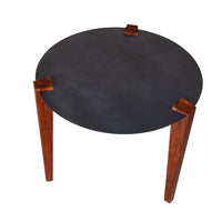 24 Inch Artisanal Round End Side Table, Aluminum Top, Tapered Acacia Wood Legs, Black, Warm Brown - UPT-238065