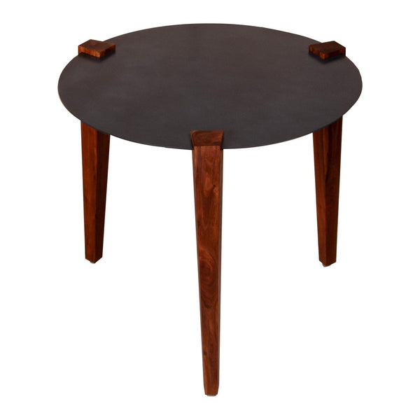 24 Inch Artisanal Round End Side Table, Aluminum Top, Tapered Acacia Wood Legs, Black, Warm Brown - UPT-238065