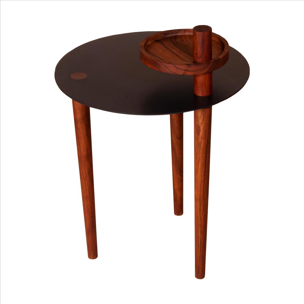 25.6 Inch Round Side Table with Rotatable Tray and Metal Top, Brown and Black - UPT-238066