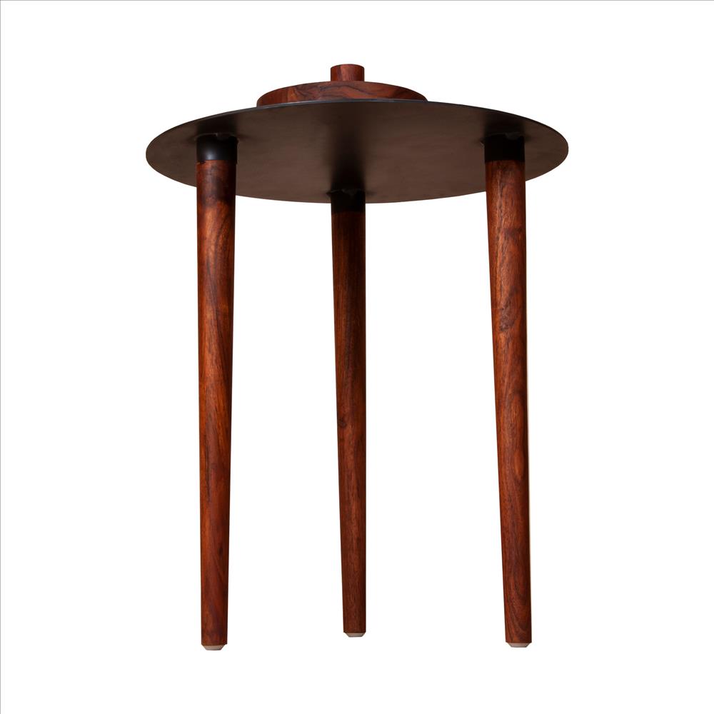 25.6 Inch Round Side Table with Rotatable Tray and Metal Top, Brown and Black - UPT-238066