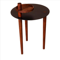 25.6 Inch Round Side Table with Rotatable Tray and Metal Top, Brown and Black - UPT-238066