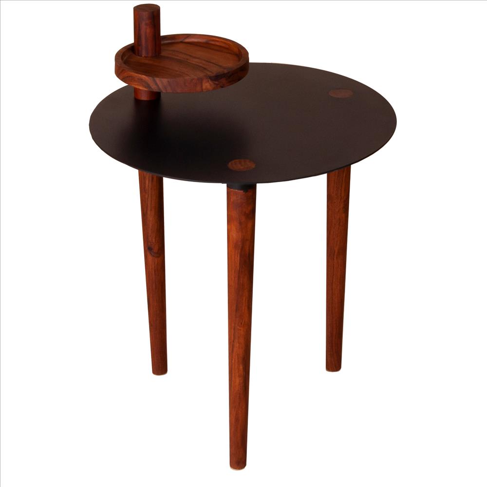 25.6 Inch Round Side Table with Rotatable Tray and Metal Top, Brown and Black - UPT-238066