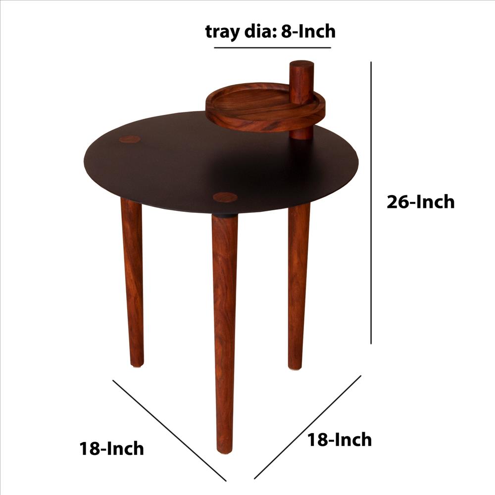 25.6 Inch Round Side Table with Rotatable Tray and Metal Top, Brown and Black - UPT-238066