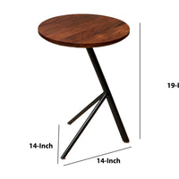 19 Inch Handcrafted Round Acacia Wood End Side Table, Sleek Tripod Metal Base, Walnut Brown, Black - UPT-238067