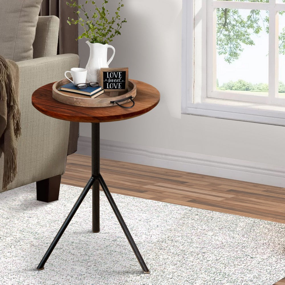 19 Inch Handcrafted Round Acacia Wood End Side Table, Sleek Tripod Metal Base, Walnut Brown, Black - UPT-238067