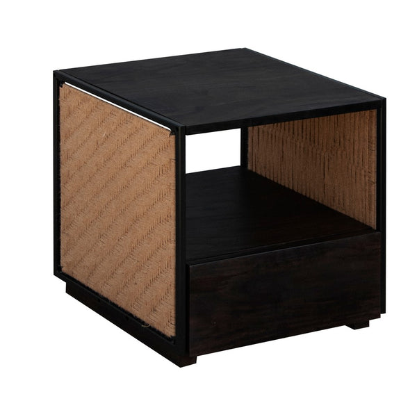 21 Inch Handcrafted Acacia Wood Side Table Nightstand, Woven Jute Side Panels, Brown, Black - UPT-238069