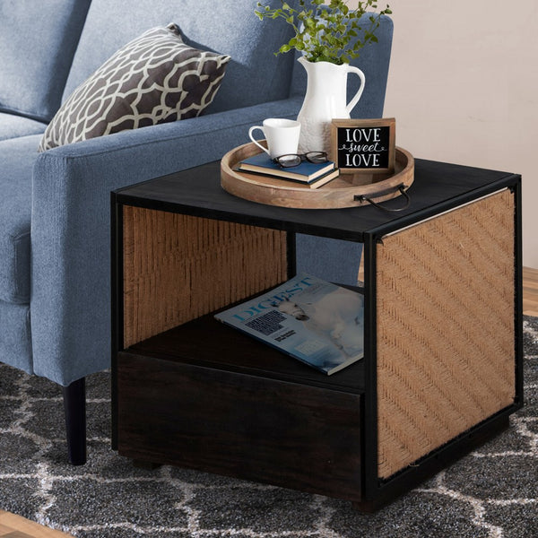21 Inch Handcrafted Acacia Wood Side Table Nightstand, Woven Jute Side Panels, Brown, Black - UPT-238069
