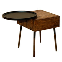 22 Inch Handcrafted 2 Tone Acacia Wood End Side Table, Round Metal Tray Top, 1 Drawer, Brown, Black - UPT-238071