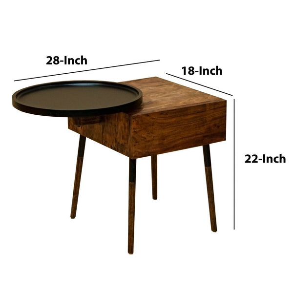 22 Inch Handcrafted 2 Tone Acacia Wood End Side Table, Round Metal Tray Top, 1 Drawer, Brown, Black - UPT-238071