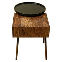 22 Inch Handcrafted 2 Tone Acacia Wood End Side Table, Round Metal Tray Top, 1 Drawer, Brown, Black - UPT-238071