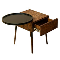 22 Inch Handcrafted 2 Tone Acacia Wood End Side Table, Round Metal Tray Top, 1 Drawer, Brown, Black - UPT-238071