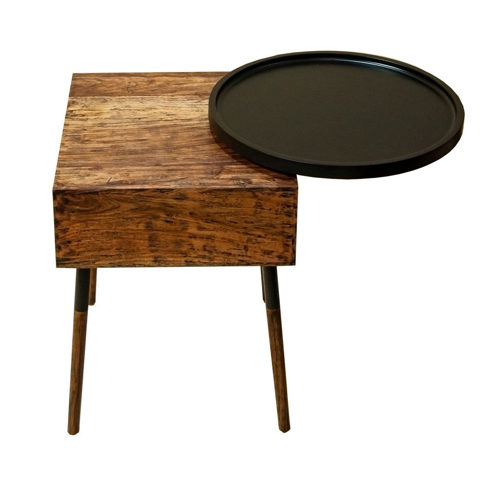 22 Inch Handcrafted 2 Tone Acacia Wood End Side Table, Round Metal Tray Top, 1 Drawer, Brown, Black - UPT-238071