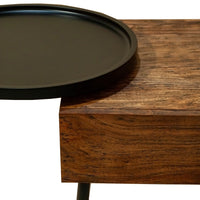 22 Inch Handcrafted 2 Tone Acacia Wood End Side Table, Round Metal Tray Top, 1 Drawer, Brown, Black - UPT-238071