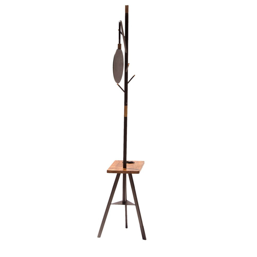 84 Inch Metal Coat Rack, Built In Mirror and Acacia Wood Accessory Table, Brown, Black - UPT-238072