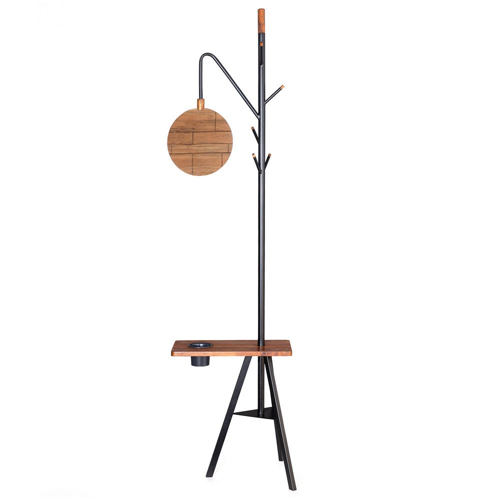 84 Inch Metal Coat Rack, Built In Mirror and Acacia Wood Accessory Table, Brown, Black - UPT-238072