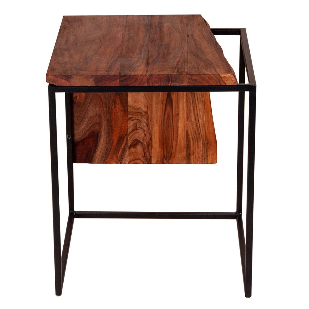 21 Inch Solid Acacia Wood Accent End Side Table, Live Edge, Metal Frame, Brown, Black - UPT-238075