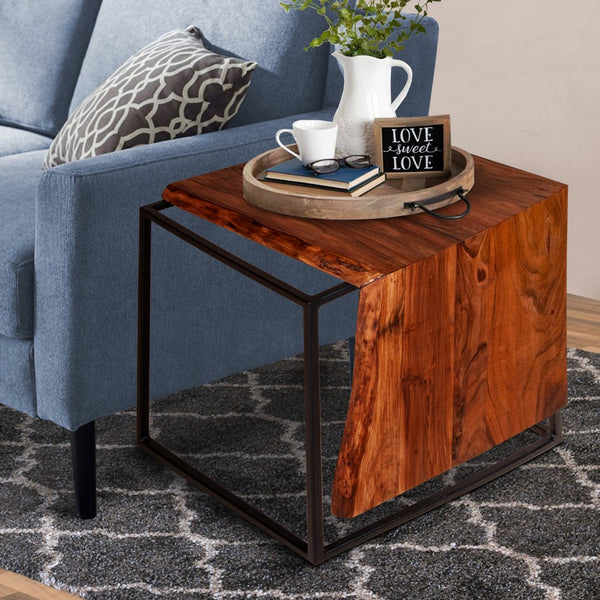 21 Inch Solid Acacia Wood Accent End Side Table, Live Edge, Metal Frame, Brown, Black - UPT-238075