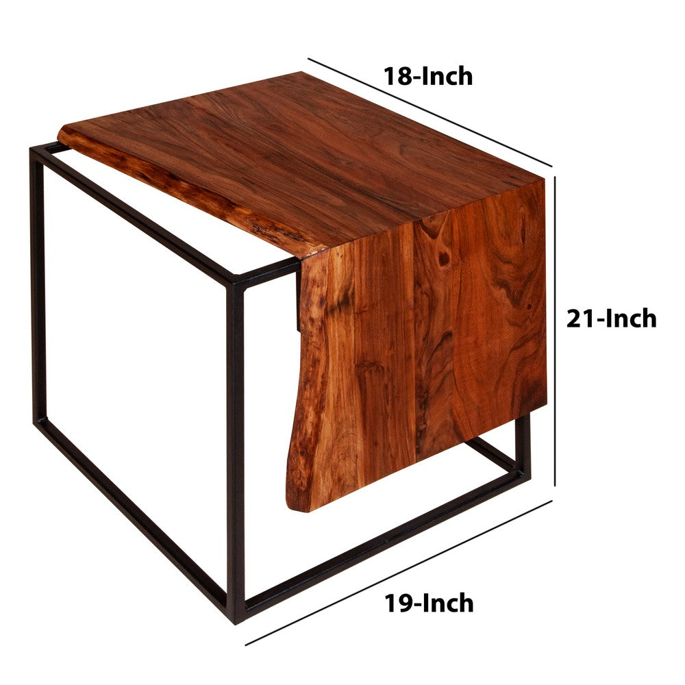 21 Inch Solid Acacia Wood Accent End Side Table, Live Edge, Metal Frame, Brown, Black - UPT-238075