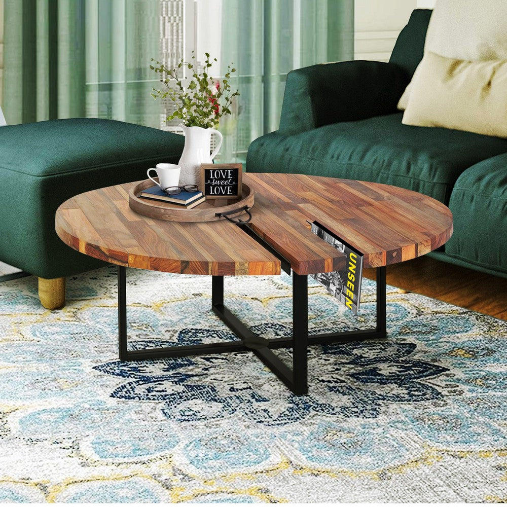 Peter 35 Inch Round Coffee Table, Solid Acacia Wood Tabletop, Steel Frame, Brown, Black - UPT-238077