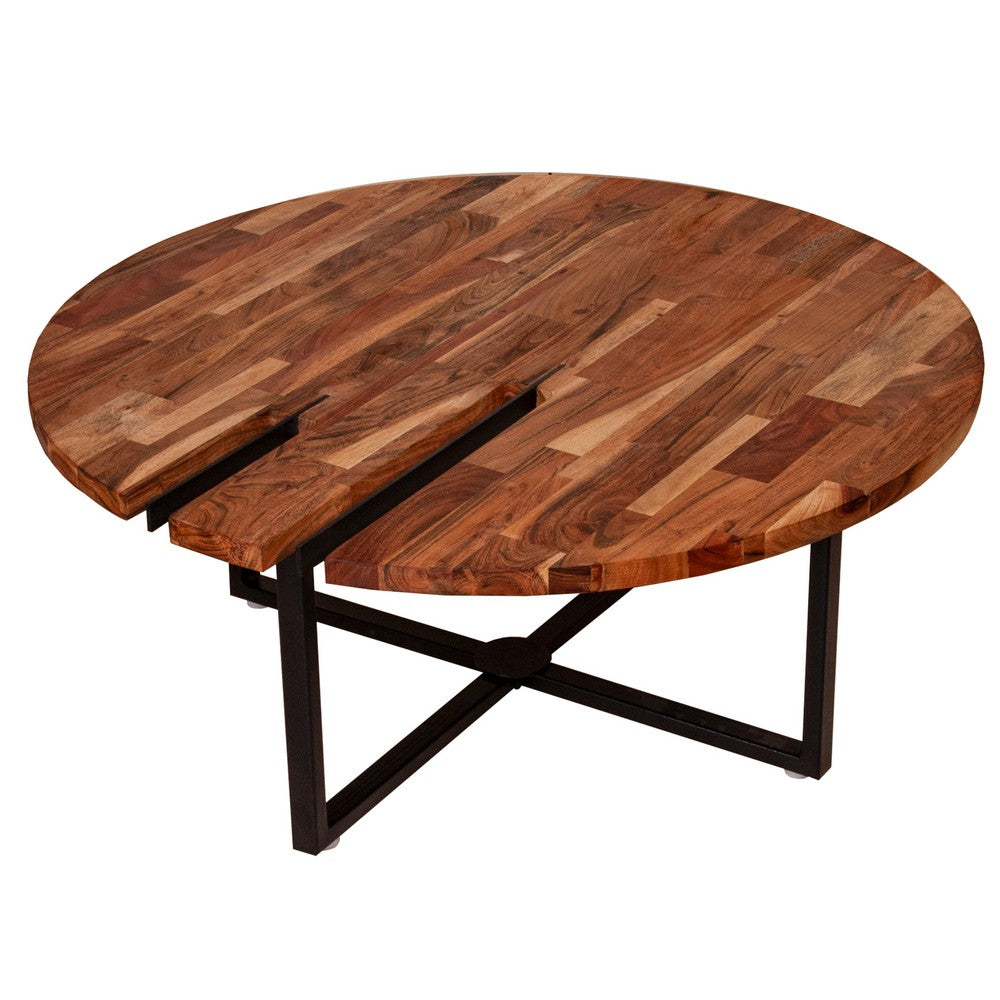 Peter 35 Inch Round Coffee Table, Solid Acacia Wood Tabletop, Steel Frame, Brown, Black - UPT-238077
