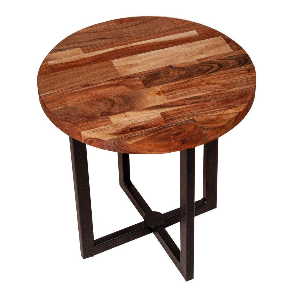 Peter 18 Inch Round End Side Table, Solid Acacia Wood Tabletop, Steel Frame, Brown, Black - UPT-238078