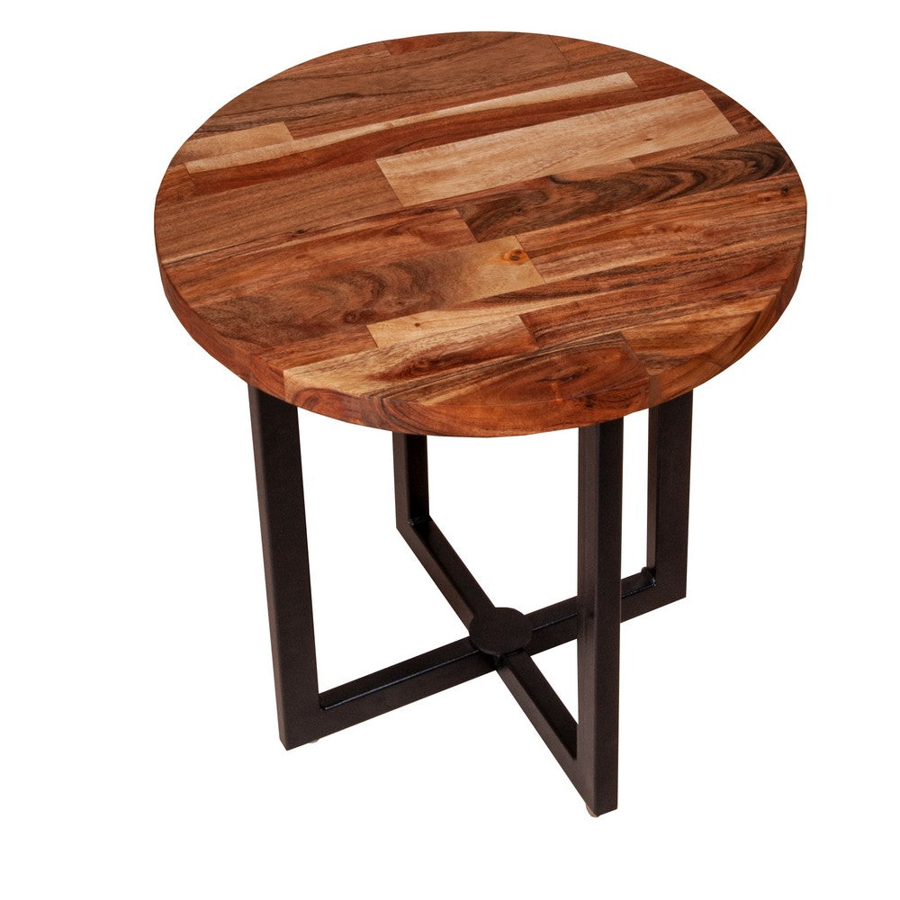 Peter 18 Inch Round End Side Table, Solid Acacia Wood Tabletop, Steel Frame, Brown, Black - UPT-238078