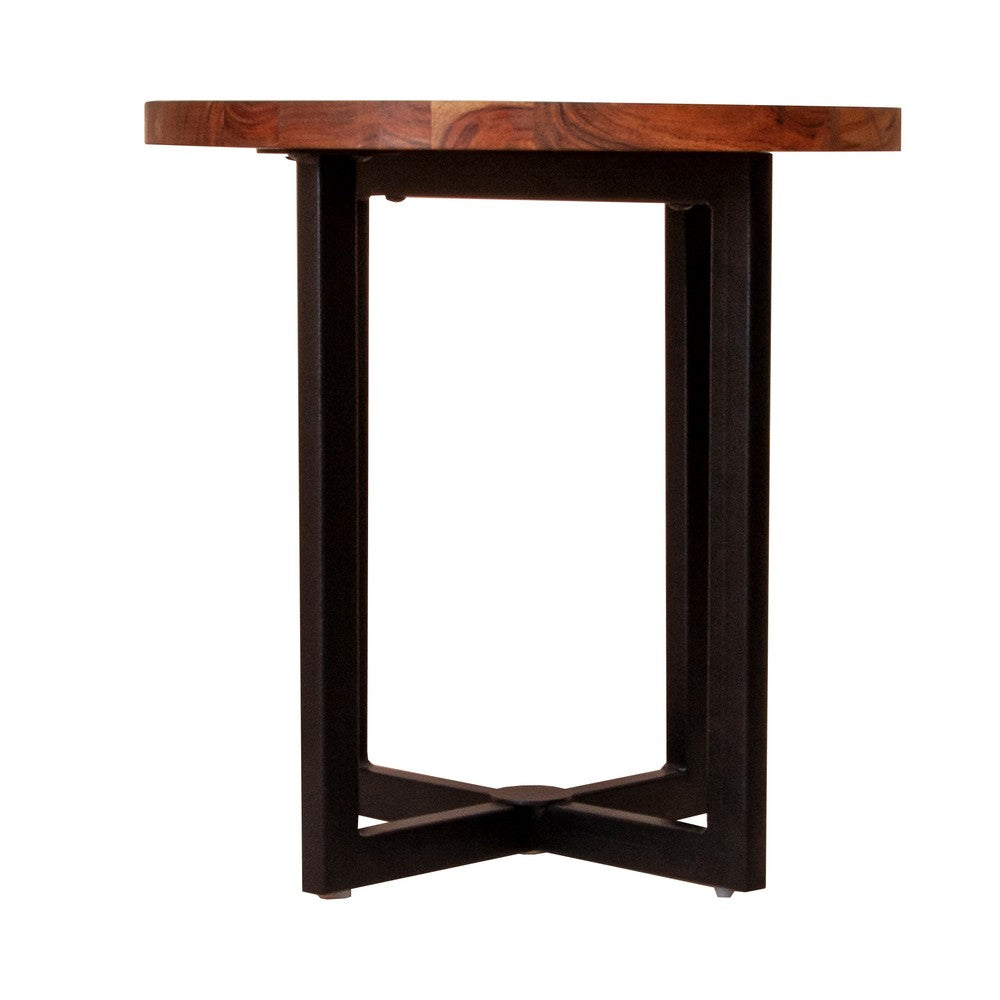 Peter 18 Inch Round End Side Table, Solid Acacia Wood Tabletop, Steel Frame, Brown, Black - UPT-238078