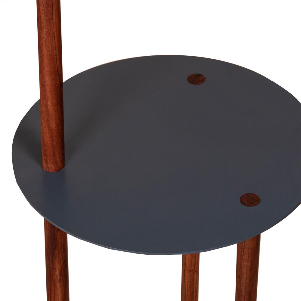 29 Inch Round Metal Top End Table with Inbuilt Wooden Pole, Brown and Black - UPT-238079
