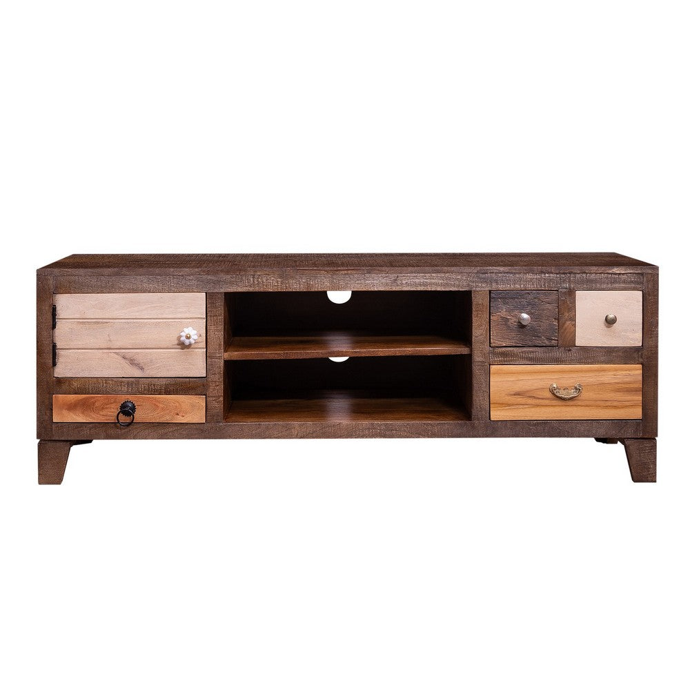 57 Inch 4 Drawer Mango Wood Media Console Cabinet, 1 Door, 2 Compartments, Brown - UPT-238083