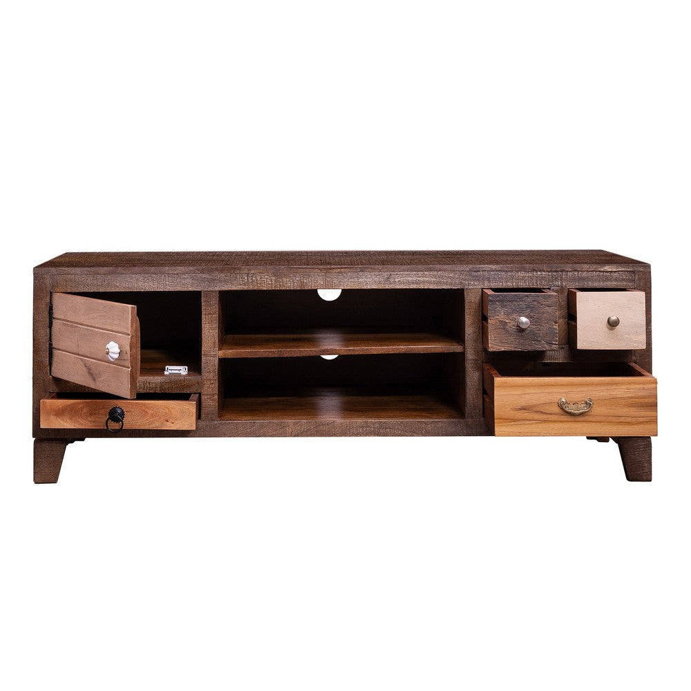 57 Inch 4 Drawer Mango Wood Media Console Cabinet, 1 Door, 2 Compartments, Brown - UPT-238083