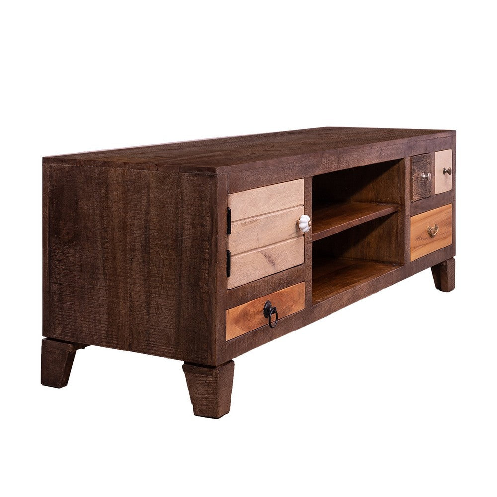 57 Inch 4 Drawer Mango Wood Media Console Cabinet, 1 Door, 2 Compartments, Brown - UPT-238083