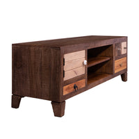 57 Inch 4 Drawer Mango Wood Media Console Cabinet, 1 Door, 2 Compartments, Brown - UPT-238083