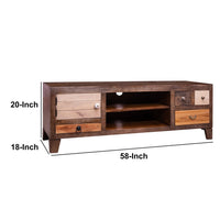 57 Inch 4 Drawer Mango Wood Media Console Cabinet, 1 Door, 2 Compartments, Brown - UPT-238083