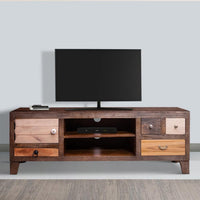 57 Inch 4 Drawer Mango Wood Media Console Cabinet, 1 Door, 2 Compartments, Brown - UPT-238083