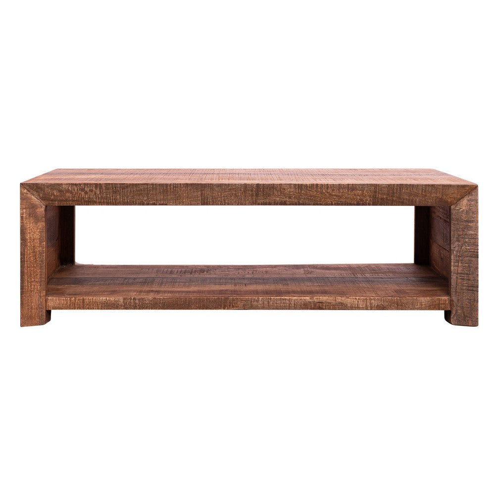 56 Inch Rough Hewn Saw Mango Wood Coffee Table, Open Bottom Shelf, Brown - UPT-238084