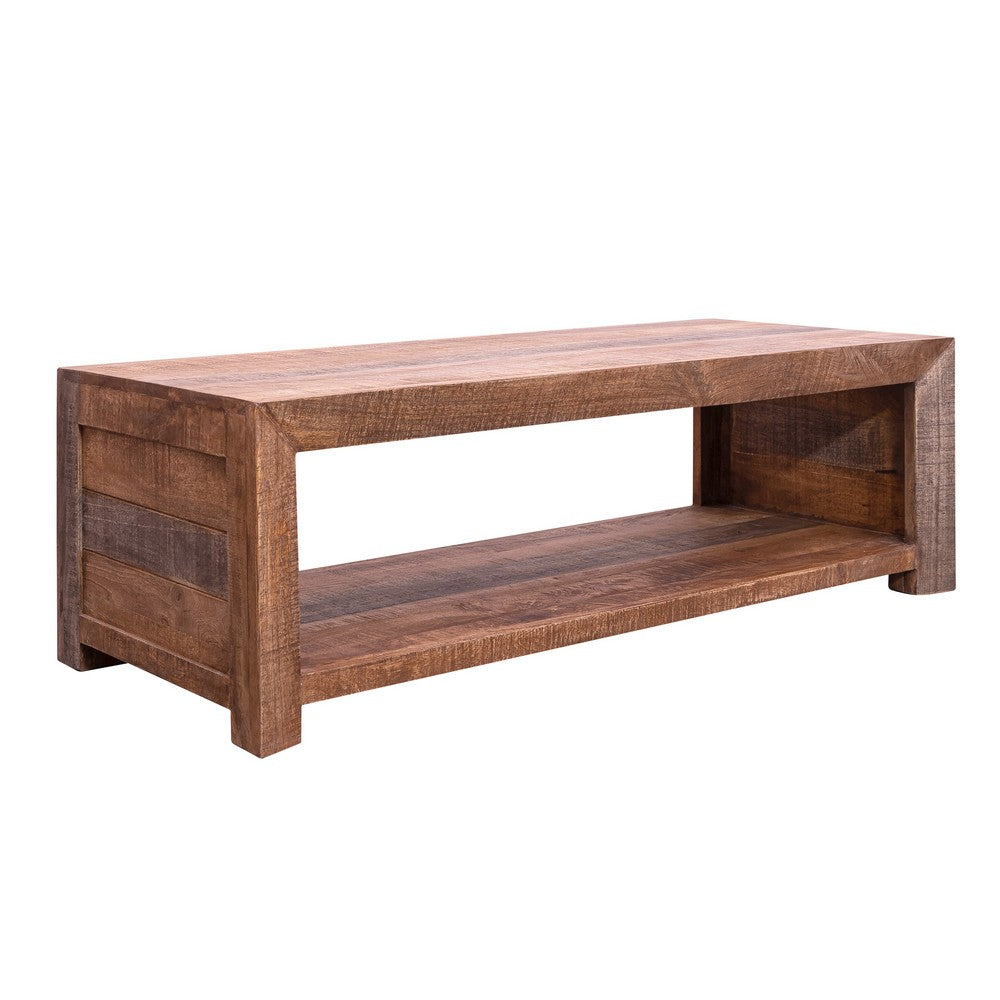 56 Inch Rough Hewn Saw Mango Wood Coffee Table, Open Bottom Shelf, Brown - UPT-238084