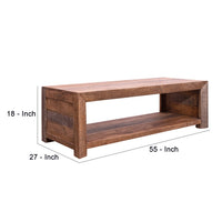 56 Inch Rough Hewn Saw Mango Wood Coffee Table, Open Bottom Shelf, Brown - UPT-238084