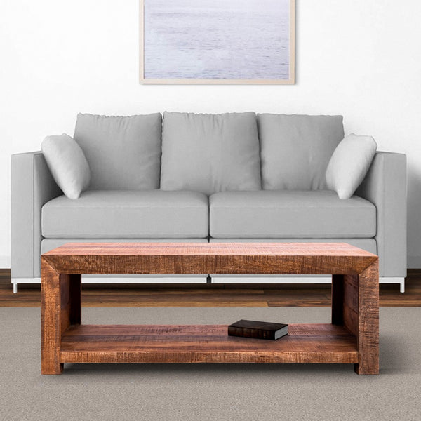 56 Inch Rough Hewn Saw Mango Wood Coffee Table, Open Bottom Shelf, Brown - UPT-238084