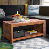 56 Inch Rough Hewn Saw Mango Wood Coffee Table, Open Bottom Shelf, Brown - UPT-238084